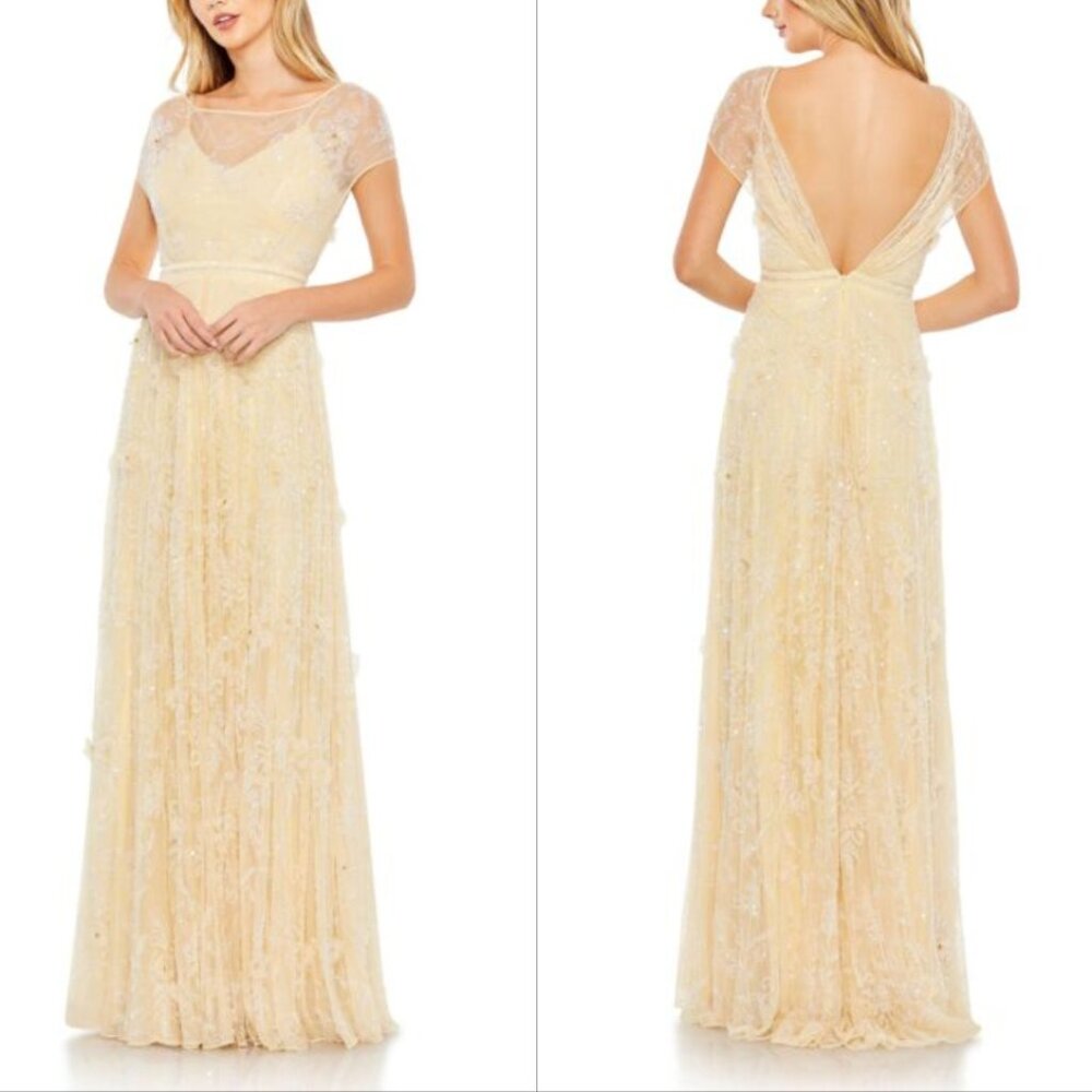 Mac Duggal 70274 Illusion Floral Embellished A-Line Gown Butter Yellow